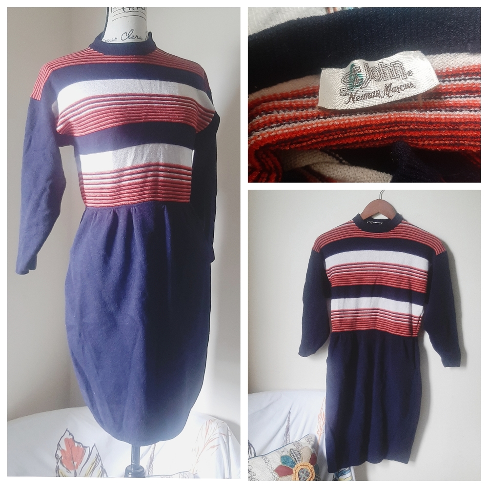 RARE St. John Neiman Marcus Collab Wool 1960s 1970s Striped Dress